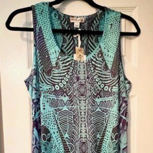 World Unity sleeveless scoop neck dress, blue & brown with metal decorations